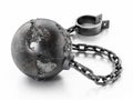 Chain and shackles connected to earth shaped metall sphere. 3D illustration