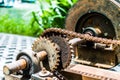 Chain and sprocket gear transmission shaft drives the object. Old and rusty, grease may dry out. need maintenance Royalty Free Stock Photo