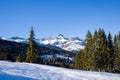 The Chaine des Aravis in the snowy mountain in Europe, France, Rhone Alpes, Savoie, Alps, in winter, on a sunny day