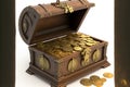 A chained antique wooden chest rests on a bank of gold coins. isolated on white