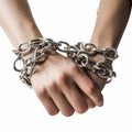 Chained hands, close-up on white, arrest, prison, imprisonment,