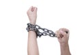 Chained lady hands on white background, Human rights violations concept