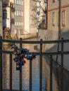 Chained padlocks on the Lover`s Bridge in Prague Royalty Free Stock Photo