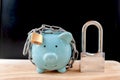 Chained piggy bank and lock money savings with chain and keys. Money security concept