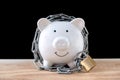 Chained piggy bank and lock money savings with chain and keys. Money security concept