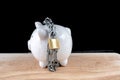 Chained piggy bank and lock money savings with chain and keys. Money security concept