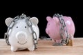 Chained piggy bank and lock money savings with chain and keys. Money security concept