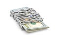 Chained stack of dollar bills by metal chain on white. Security and protection money concept