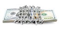 Chained stack of dollar bills by metal chain on white. Security and protection money concept Royalty Free Stock Photo