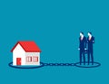 Chained to a house burdened by mortgage payment. Business borrowing vector illustration