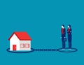 Chained to a house burdened by mortgage payment. Business borrowing vector illustration