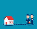 Chained to a house burdened by mortgage payment. Business borrowing vector illustration