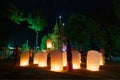 Chaing rai, Thailand - October 10, 2015: Loy Krathong festival in Chiangrai. People send light floating balloon made of paper in Royalty Free Stock Photo