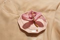 Chainlet and pink flower on plate on silk cloth