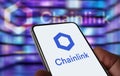 Chainlink decentralized blockchain oracle network displayed on smartphone Royalty Free Stock Photo