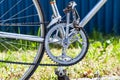 Chainring, chain, front derailleur, crank, pedals on vintage racing bicycle Royalty Free Stock Photo