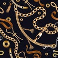 Chains and braids seamless pattern. Golden embroidery and ornamental wallpaper with leather belt. Vector realistic