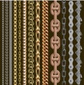 Chains link elements seamless metal chain-parts set isolated on background. Gold and silver metal chains link seamless