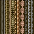 Chains link elements vector seamless metal chain-parts set isolated on background. Gold and silver metal chains link