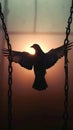 Chains undone Pigeon shadow escapes, symbolizing freedom in the morning light