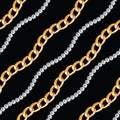 Seamless pattern of golden and silver chains on black background. Repeat design ready for decor, fabric, prints, textile. Royalty Free Stock Photo