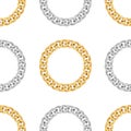 Seamless pattern of golden and silver chains with circle shape on white background. Repeat design ready for decor, fabric, prints, Royalty Free Stock Photo