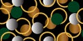 Luxury seamless pattern with golden beads or pearls and colored circles on black background. Silk scarf jewelry shawl design for t