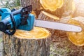 Chainsaw. Close-up of woodcutter sawing chain saw. Close up professional chainsaw blade cutting log of wood. Chainsaw bar and cutt Royalty Free Stock Photo