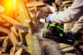 Chainsaw. Close-up of woodcutter sawing chain saw Royalty Free Stock Photo