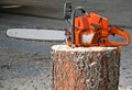 Chainsaw on a cut-out tree trunk Royalty Free Stock Photo