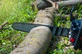 Chainsaw cuts a log on a background of green grass. Sharp teeth.