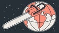 Chainsaw cutting globe, symbolizing deforestation and environmental destruction, vector design Generative AI Royalty Free Stock Photo