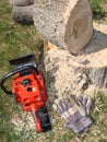 Chainsaw on ground near log and stump Royalty Free Stock Photo