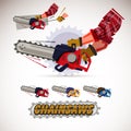 Chainsaw holding by male arms . hand pulling sling to start engine. set of chainsaws with typographic design- vector