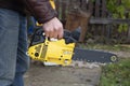 Chainsaw. A man saws a log with a chainsaw .Manufacture of firewood Royalty Free Stock Photo