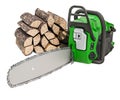 Chainsaw with stack of firewood, 3D rendering