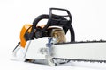 Chainsaw. On white background. Tire, chainsaw chain. Woodworking tool. Royalty Free Stock Photo