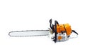 Chainsaw. On white background. Tire, chainsaw chain. Woodworking tool. Royalty Free Stock Photo