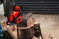 Chainsaw hands sawing large piece of wood