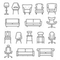 Chair, armchair, sofa thin line icons set isolated on white. Furniture, seat, settee.