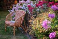 Chair in blooming summer garden