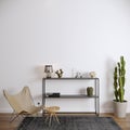 Chair  coffee table  shelf and cactus in front of the white wall  empty wall mockup Royalty Free Stock Photo