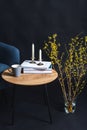 chair, coffee table and tree branches in vase