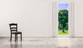 A chair on concrete polished floor with window and a tree natural view on white wall, 3d rendered