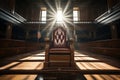 A chair in a courtroom illuminated by bright rays. Generated by artificial intelligence