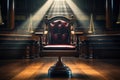 A chair in a courtroom illuminated by bright rays. Generated by artificial intelligence