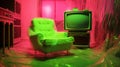 Plastic Neonpunk: Surrealistic Room With Chair And Tv