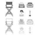 Chair of the director, typewriter, cinematographic signboard, film-man. Films and cinema set collection icons in outline