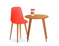 Chair with and drink cup on wood table. Cafe for meet and talk. Modern furniture for house or shop.