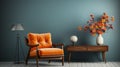 Minimalist Orange Chair And Vase With Dark Teal And Dark Brown Accents